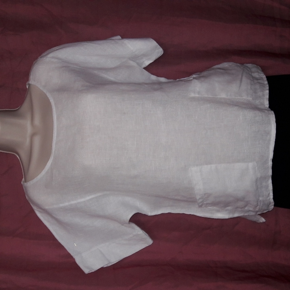 Francesca Bettini Linen Top White Two Front Pockets Short Sleeves Size L…